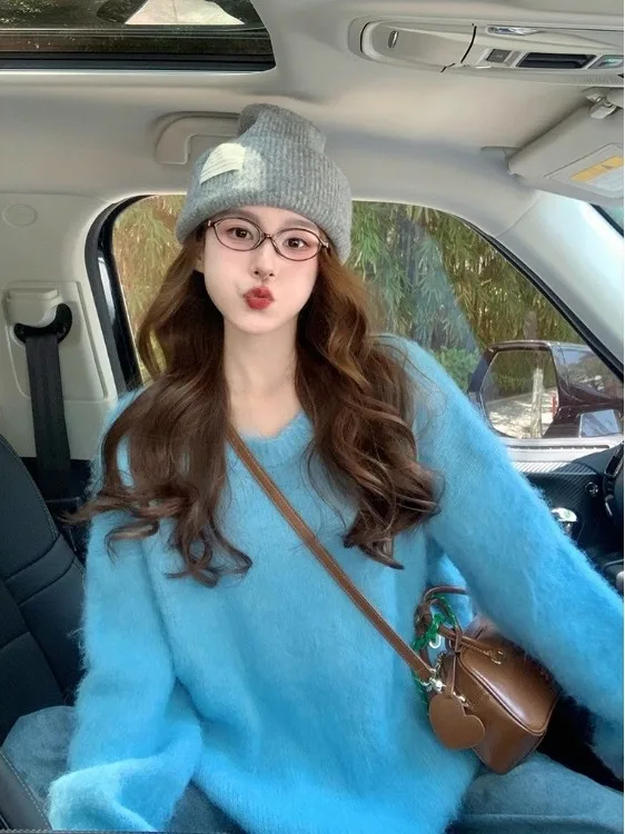 Damski sweter Thiened Long Camere 2025, nowy model jesienno-zimowy, luźny, elegancki, koreański sweter z dzianiny, słodki, o swobodnym kroju.