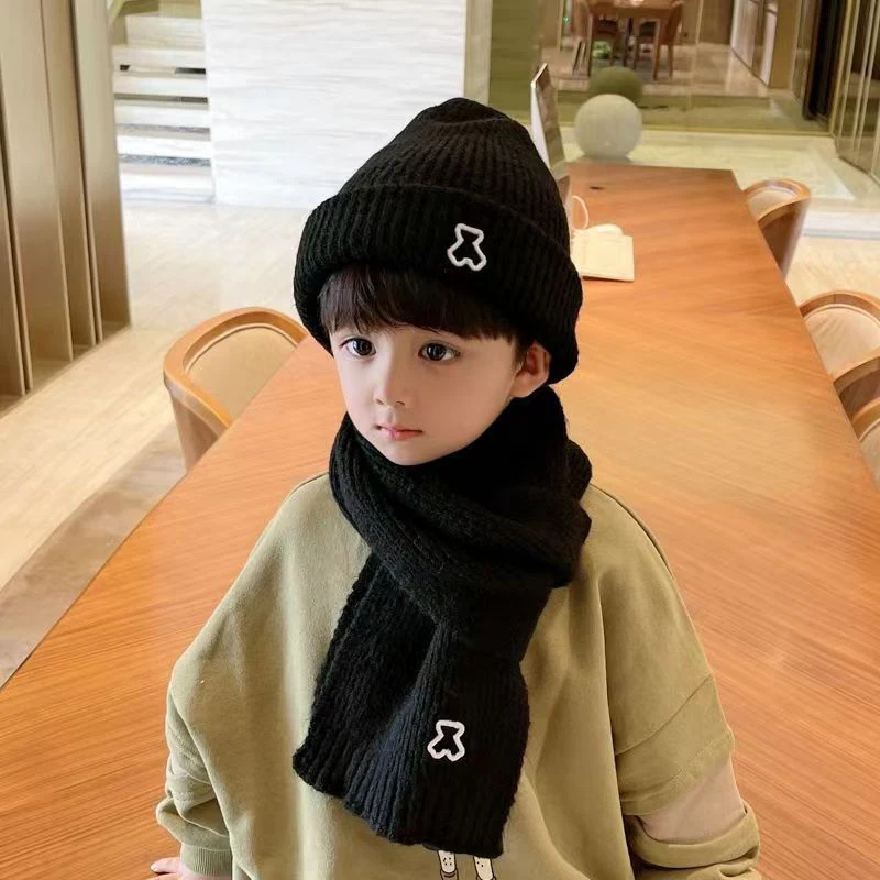 Autumn And Winter Children's Hats And Scarves Two-piece Set To Prevent Cold And Warm Students Knitted Hats Cute Baby Woolen Hats