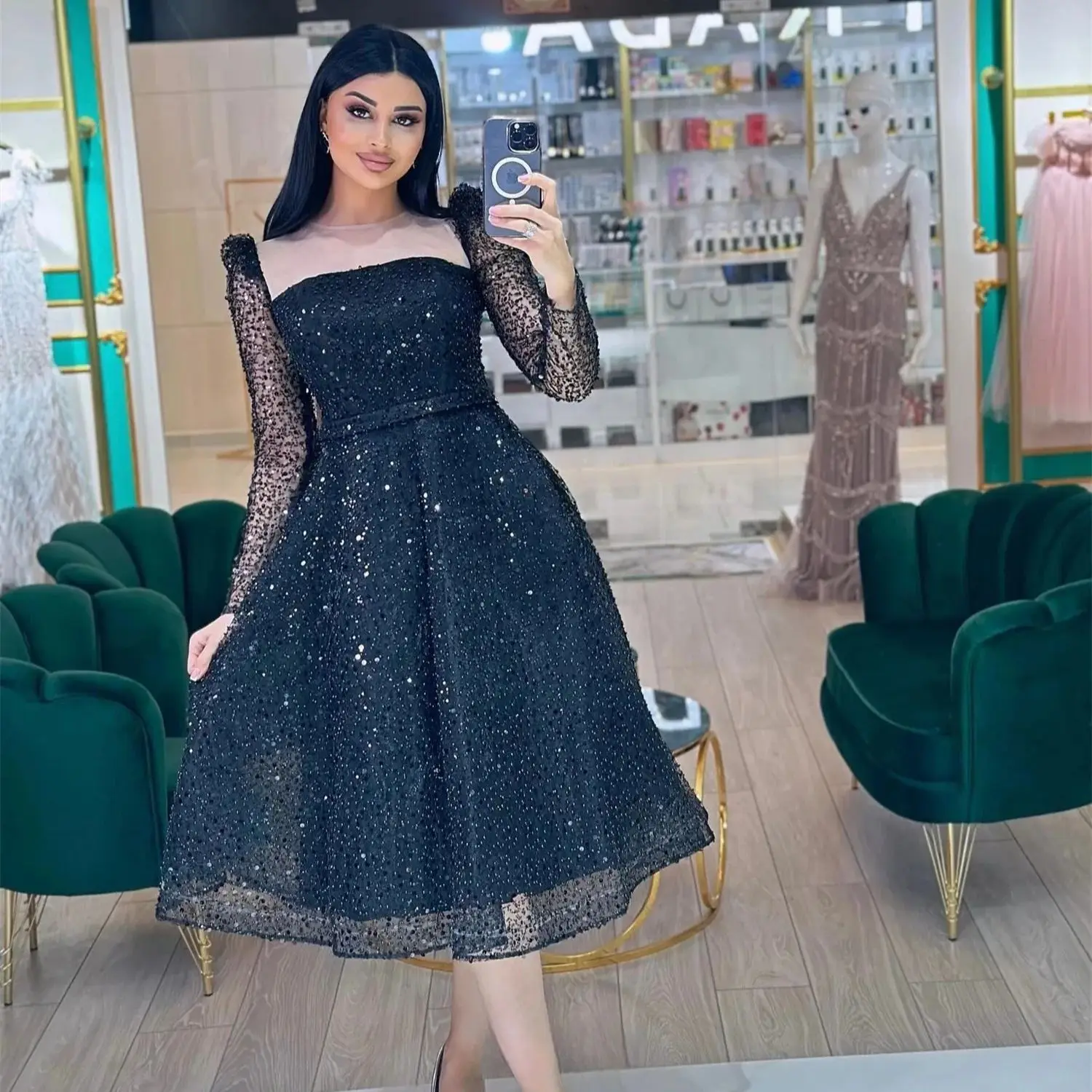 

Black Long Sleeves Bespoke Occasion Gown Evening Dresses Pastrol Unisex Jersey Retro Dubai Saudi Arabic Israel Prom Customized