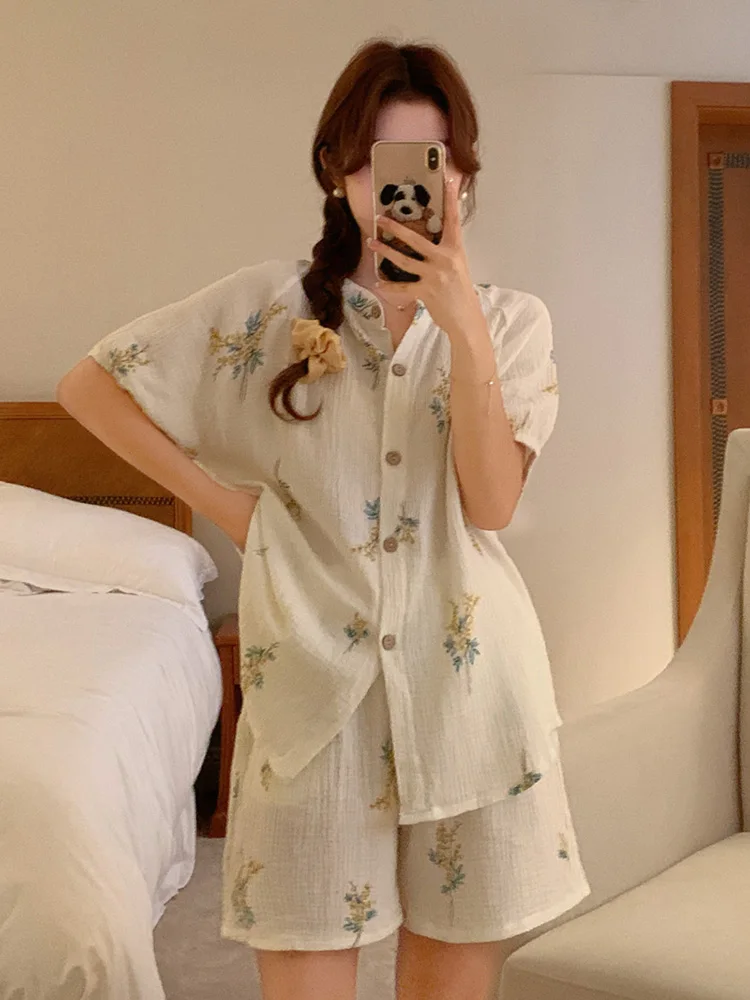 Soft Summer Style Wear Out Print Cardigan Casual Vacation Short Sleeved Pajama Set Women Vacation Cotton Korean Suit Loose Ins