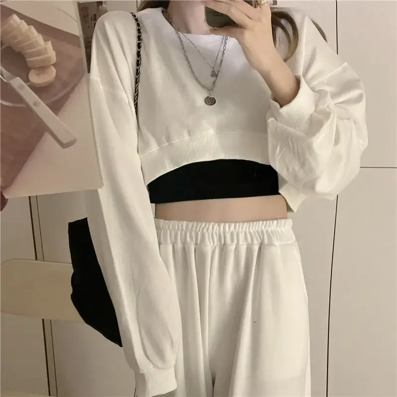 

Streetwear Women Sexy Solid Cropped Sweatshirts Oversize Loose Harajuku BF Pullovers 2024 Spring Korean Chic Casual Y2k Tops