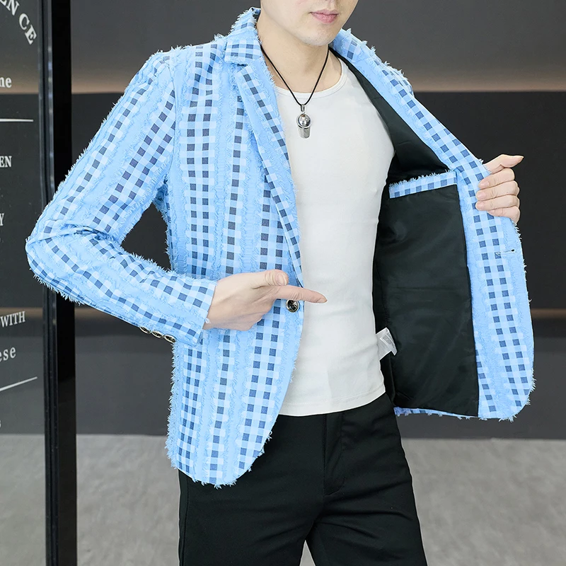2026 Spring Plaid Suit Jacket Men's Korean Handsome Fashion Stage Performance Suit Formal Coat Slim Fit Casual Business Blazers
