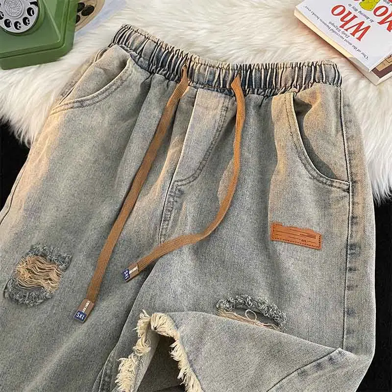 Men\'s Trendy Vintage Casual Streetwear Y2K Hole Jeans Short Pants 2024 Summer Youth Harajuku Pockets Loose Straight Denim Shorts