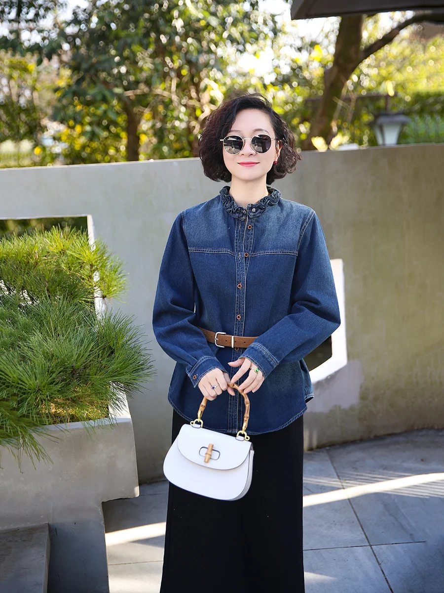 

Retro Sle Loose Fungus Collar irt 00% Pure Combed Cotton Vintage Faion Women's Long Sve Breathable Comfortable irt