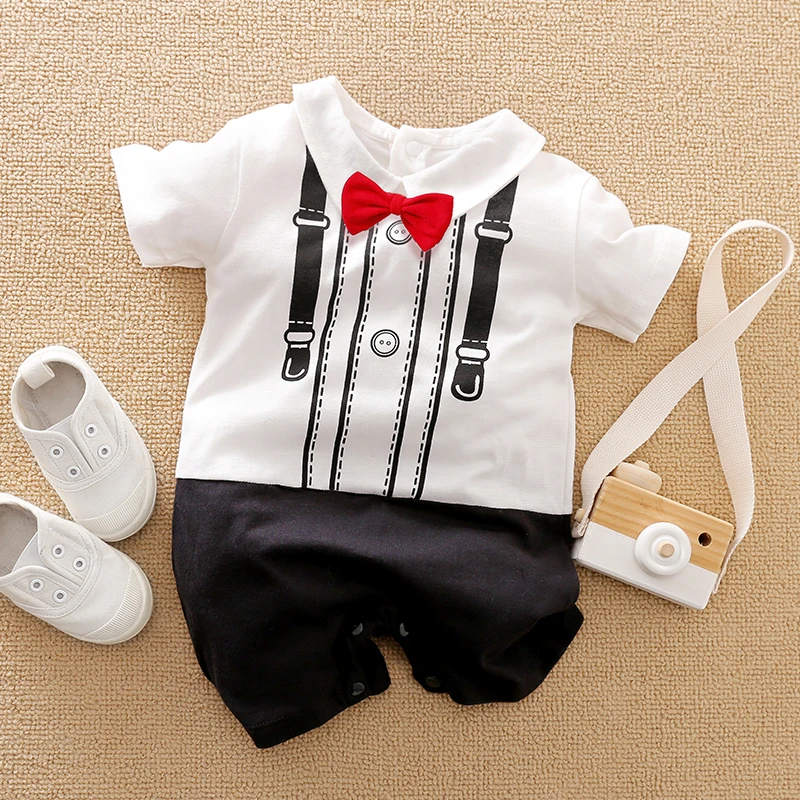 Gentleman Summer Onesie Newborn Toddler 0-18 months Tie Outfit Baby Boys Short Sleeve Suits Cotton Handsome Jumpsuit Outdoor New