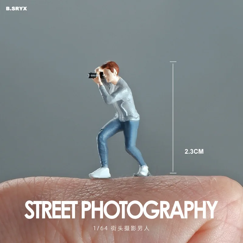 Modelo de figura de fotógrafo em escala 1:64 - Estatueta humana em miniatura para tiro macro 3D e combinação de cena de mesa de areia