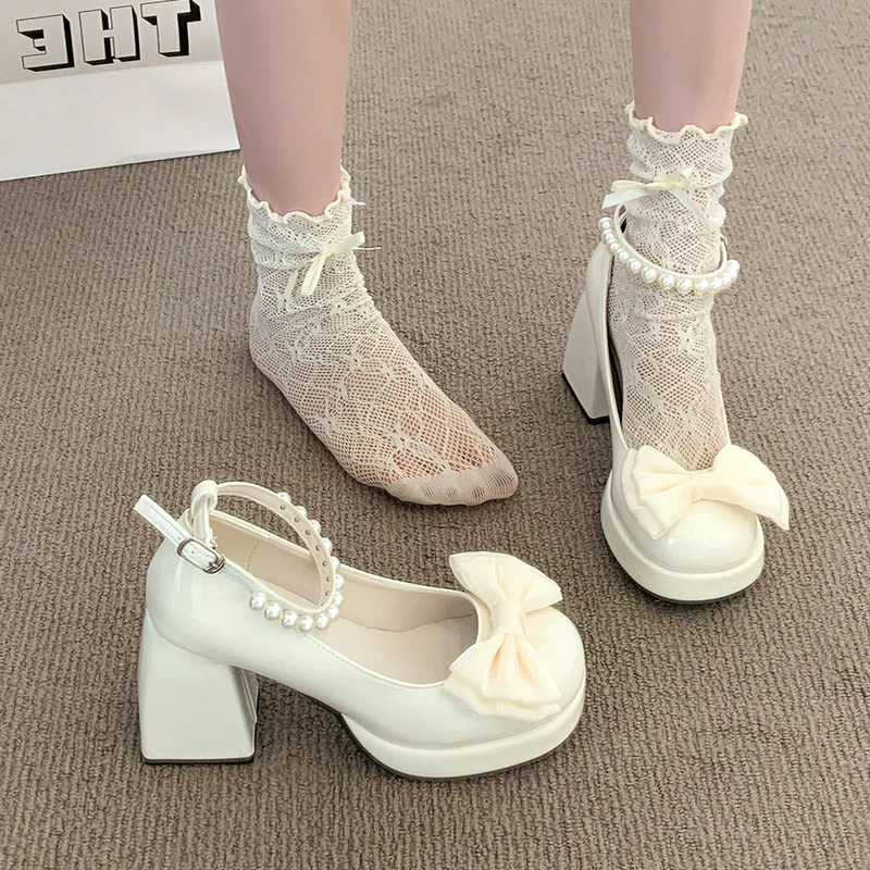 Patent Leather Platform Women Mary Jane Shoes Bow Pearl Ankle Strap Chunky Heel Shoes Comfort Wedding Daily Party Dress Footwear view 3