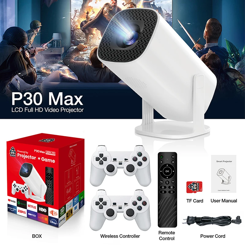 Android 11 Game Projector P30MAX Retro Video Game Consoles Dual WIFI BT5.4 1280*720P Home Cinema Outdoor Portable Projector