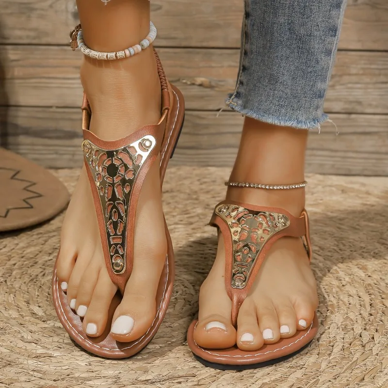 

2025 Summer New Plus Size Flat Casual Breathable Lightweight Rhinestone Sandals Elastic Strap Sandals