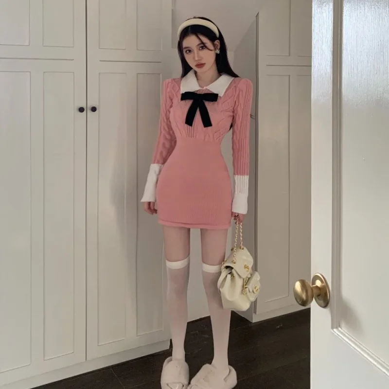 فستان نسائي منسوج بفيونكة عروض عالية الجودة موضة كورية مريحة كاجوال أساسية جديدة في فساتين كروشيه نسائية وردية #5