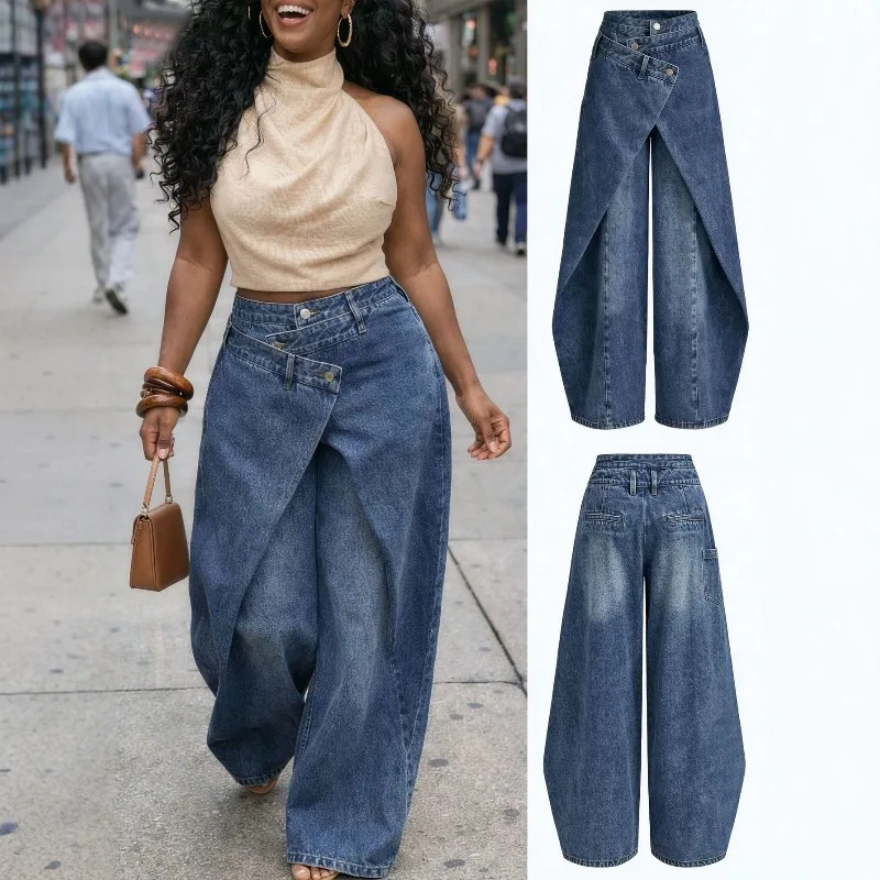 Women Cross Wrap Waist Skirt Overlay Jeans, Asymmetric Button Wide Leg Floor Length Trousers, Faux Two Piece Denim Pants