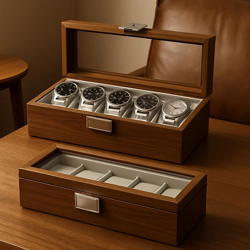 Black Walnut Wood Watch Organizer Box for 6 Timepieces, Display and Storage Case