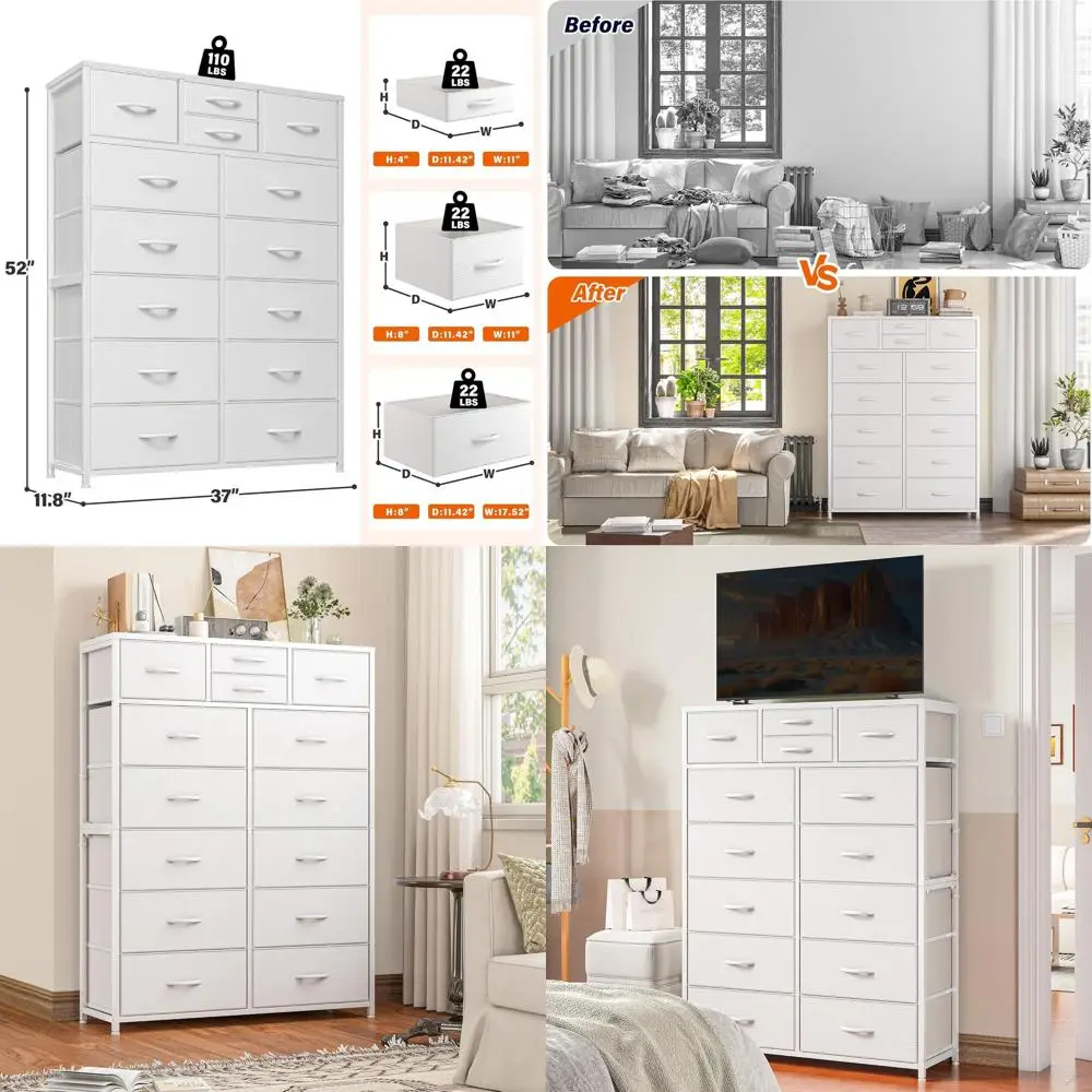 

Elegant White Dresser with Deep Drawers, 11.8 Depth x 37 Width x 52 Height, Wooden Top and Sturdy Metal Frame