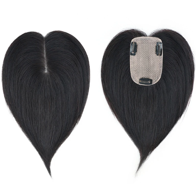 Straight F-Silk Base Virgin Hair Topper For Women Breathable Human Hair Wigs Handmade Human Hair Pieces With Clips Natural Color image 2