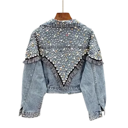 2024 New Mujer Spring Autumn Streetwear Denim Jacket Women Hand-studded Pearls Punk Tassel Veste Femme Loose Short Jeans Coats