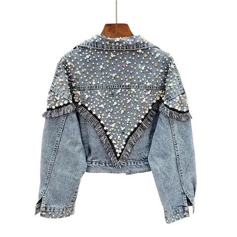 2024 New Mujer 봄 가을 streetwear 데님 자켓 여성 손으로 박힌 진주 펑크 술 Veste Femme 느슨한 짧은 청바지 코트