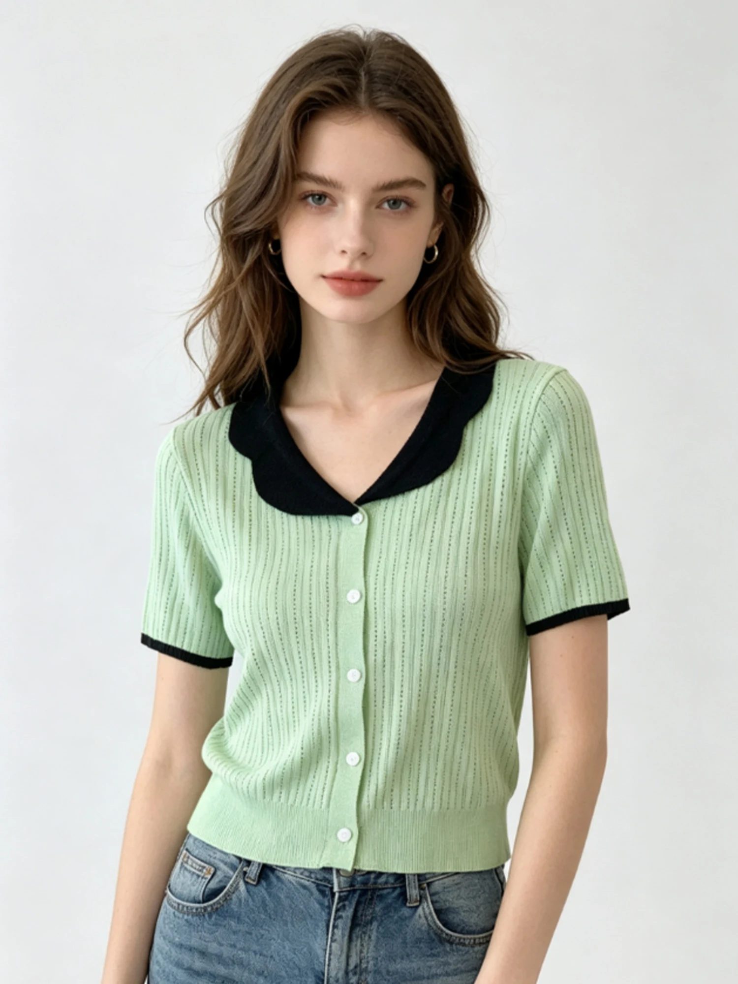 Women Green T-shirt Peter Pan Collar Short Sleeve Tee Top Y2K Gyaru Korean Style Vintage Ice Silk Knitwear for Women Summer 2026