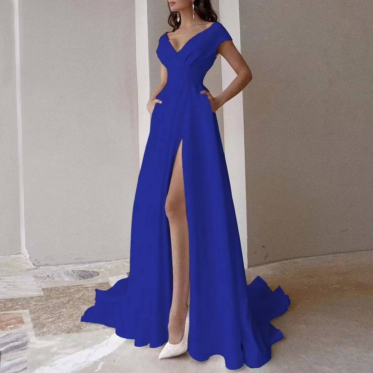 Open Back V Neck Sweep Train Elegant Cap Sleeve A-line Split Long Dress