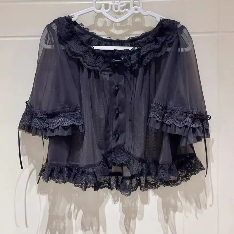 Lace Bow Short Sleeve Shirt Japanese Subcultural Lolita Blouse Women Sweet Cute Inner Tops Harajuku Daily Casual Fashion Outfit