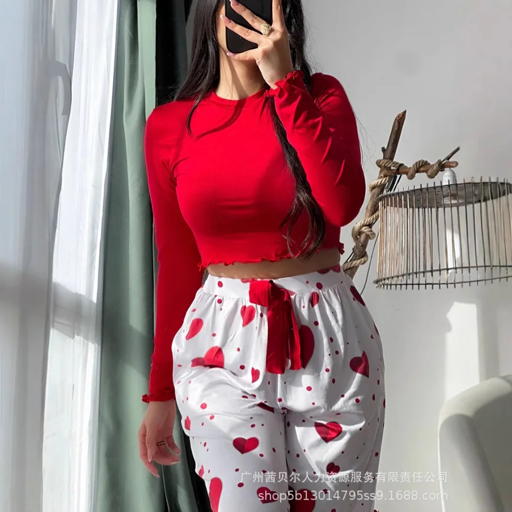 

2 Pieces Outfit Frill Hem Long Sleeve Crop Top and Heart Pattern Drawstring Pants Pajamas Set