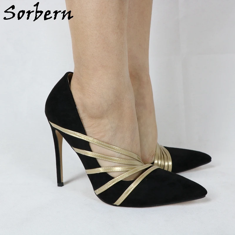 Sorbern Black Women Pump Shoes Light Gold Multi Thin Straps Pointed Tie High Heel Stilettos Night Club Footwear Ol Shoe Custom