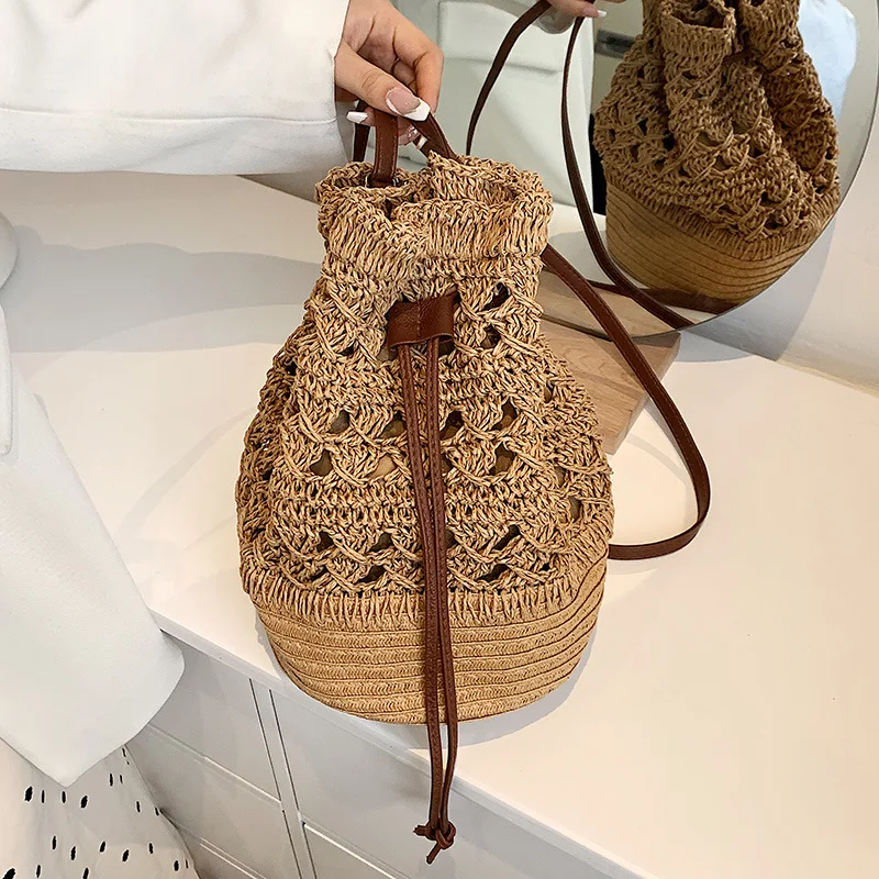 Handmade Women\'s Summer Straw Beach Shoulder Bag Woven Hollow Drawstring Shoulder Bags Knitted Fashion Female Design Travel Tote