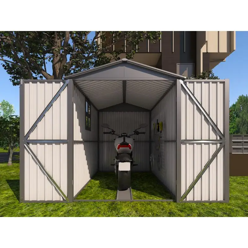 

Outdoor Steel Motorcycle Storage Shed with Window, Tracks & Fixtures, Grey Color