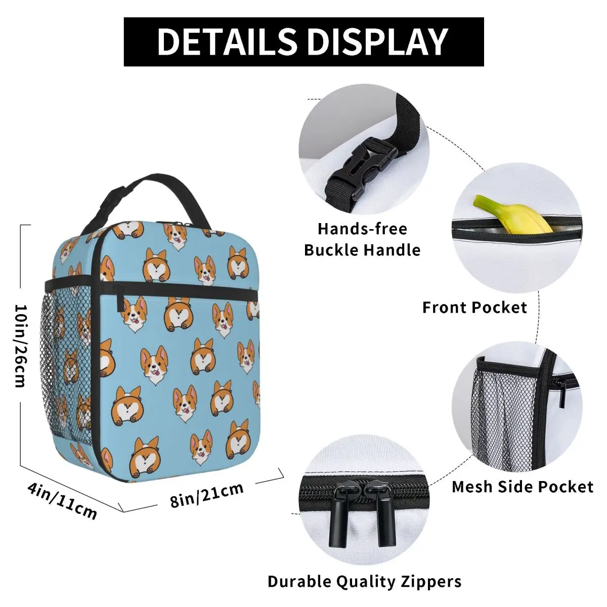 Blue Corgi Pattern Insulated Lunch Bag for Kids School Cooler Thermal Food Box Tote Portable Lunch Boxes Container