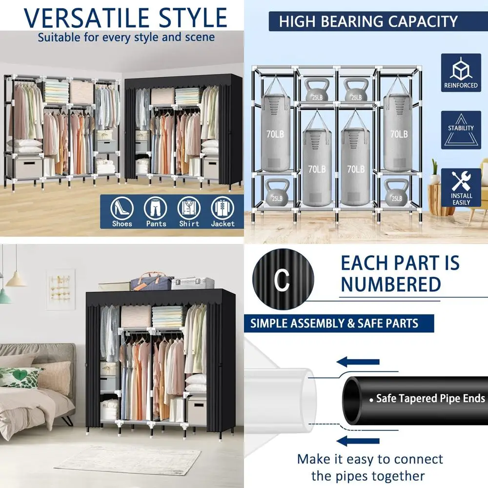 

Портативный шкаф-гардероб из стальных труб 67-й серии с 4 штангами, простая сборка, черный чехол