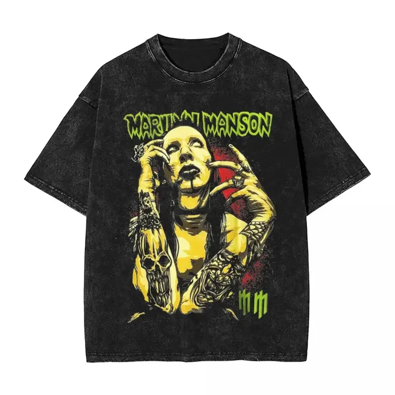 Washed T Shirt Marilyn Manson Hip Hop Vintage T-Shirt Oversize Streetwear 100% Cotton Graphic Tops Tees for Men Women