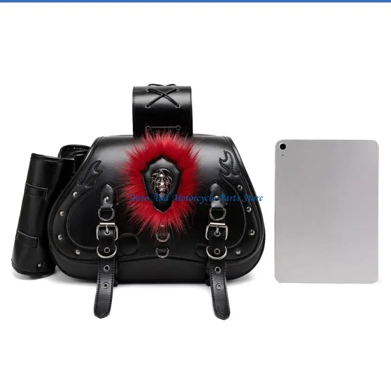 P9FD Pair Heavy Duty PU Leather Motorcycle Saddlebags with Spacious Storage & Anti Slip Straps Punk Themed for Bike