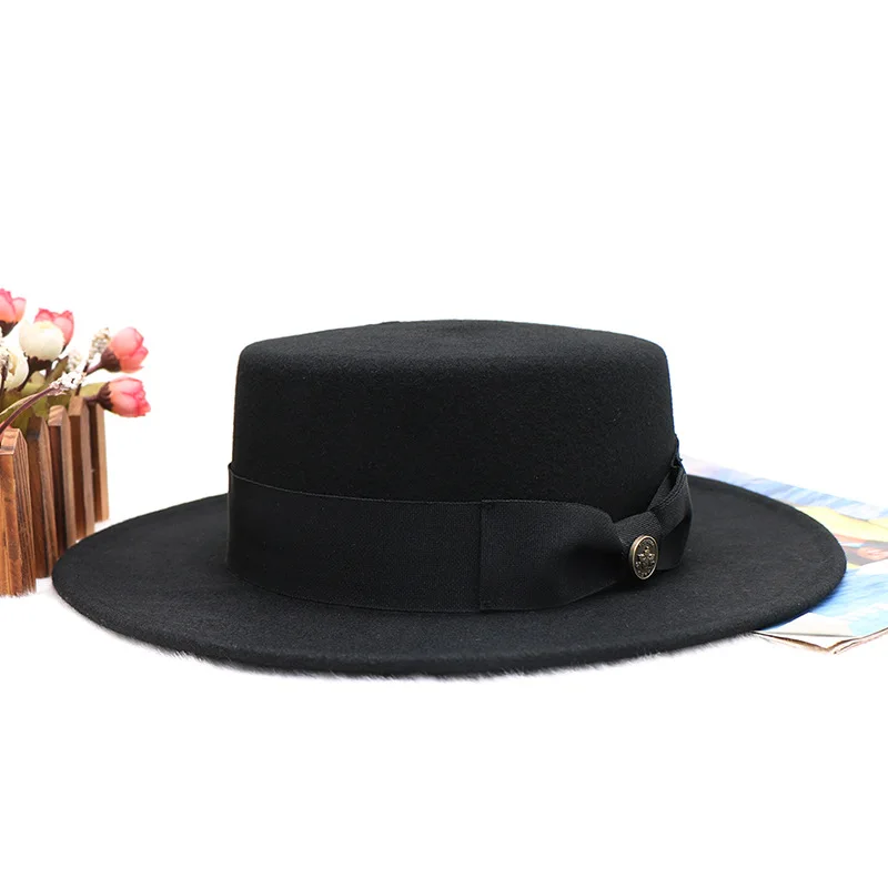 Black Flat Flat Brim Retro Wool Top Hat Female Winter All-matching Warm French New British Woolen Hat Felt Cap
