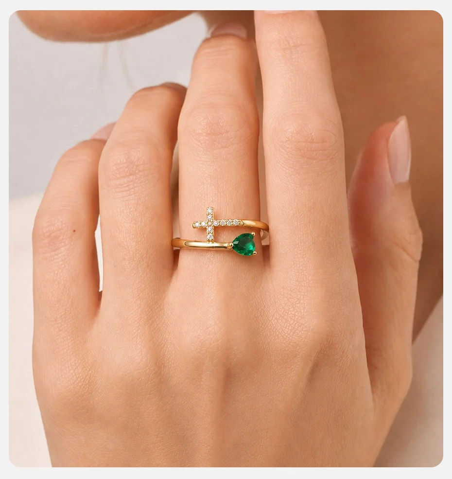 Vnox Vergoldeter Herzring mit AAA-Zirkonia für Damen, Einzigartiges Design, Glänzende Bunte Kristalle, Kreuzring, Romantischer Religiöser Schmuck – Detail 5