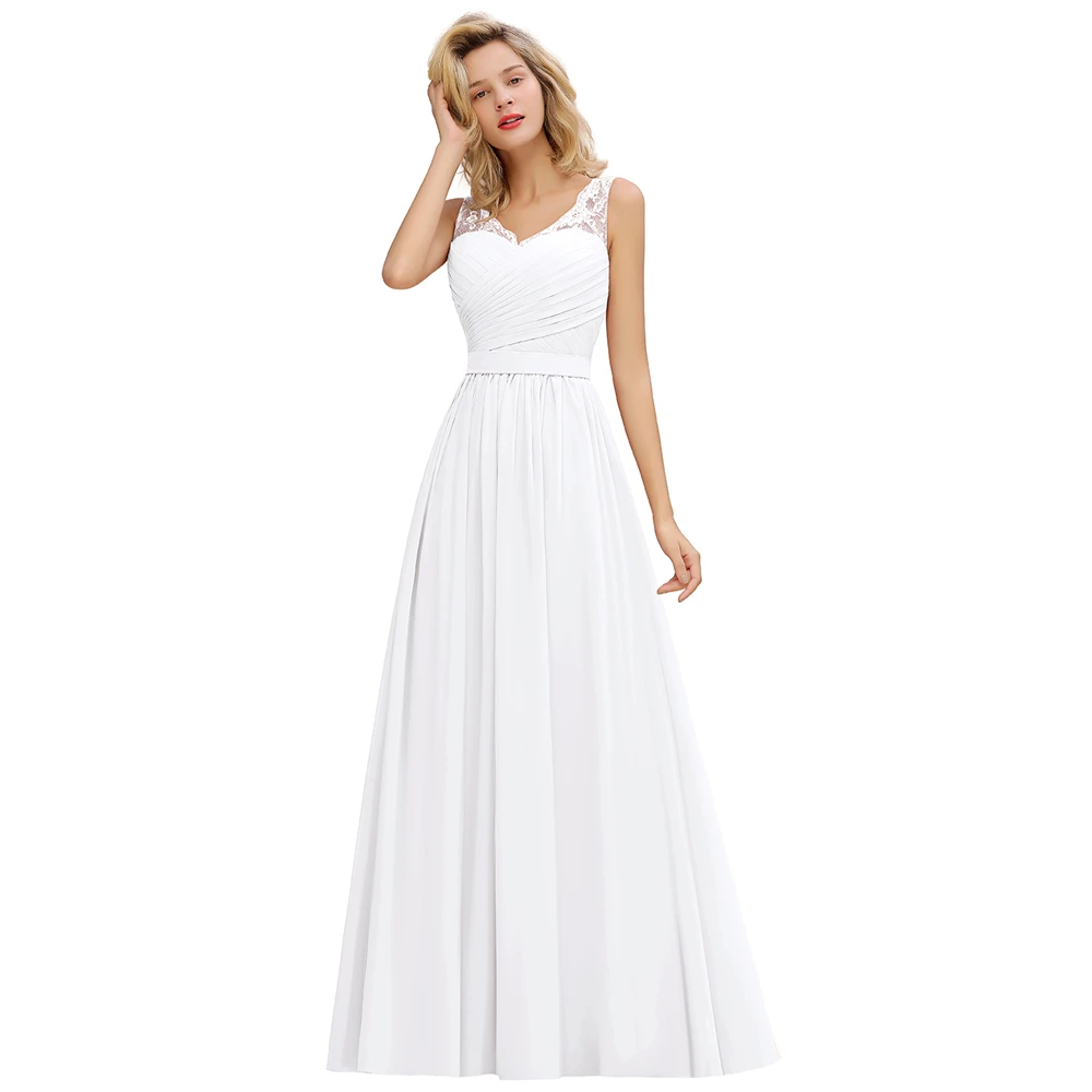 White V Neck Lace Chiffon Bridesmaid Dresses For Wedding Women Party Sleeveless Elegant Prom Evening Gowns Long A Line Skirt