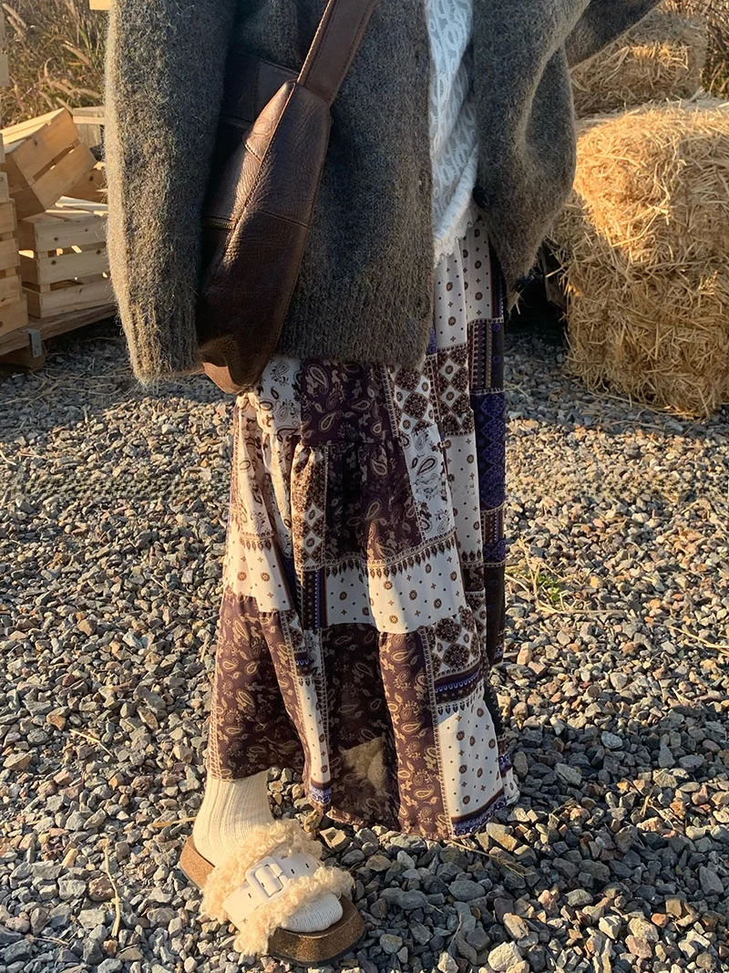 

Ретро-юбка А-силуэта с цветочным пэчворком, миди, многослойная, универсальная, с эластичной талией, в корейском стиле, длинная юбка для молодых женщин