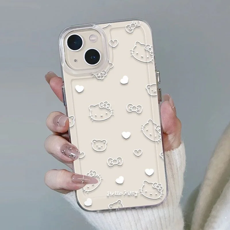 Hello Kitty Line Full Screen Cute Phone Case For iPhone 16 15 14 13 12 11 Pro Max 7 8 Plus SE XR XS MAX Y2K Anti Fall Cover