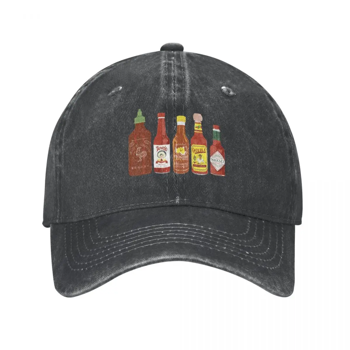 Spicy! Check out these hot sauces on black background Cowboy Hat New In Hat Golf Cap Thermal Visor Custom Cap Men's Caps Women's