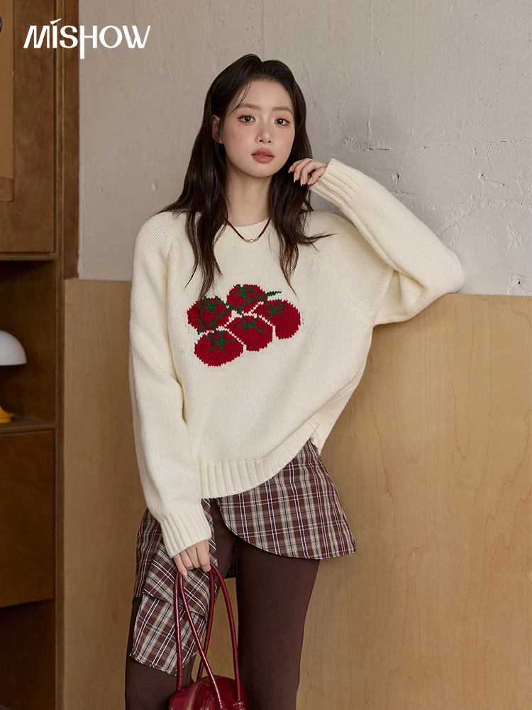 

MISHOW женский кремово-белый свитер, новинка зимы 2025 года, жаккардовый свитер с длинными рукавами, свободный повседневный вязаный пуловер MXE51Z2692