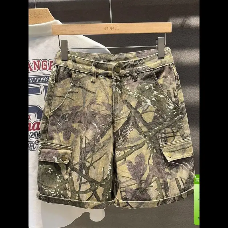

Hot Casual Thin Half Retro Summer Denim Shorts Loose Tooling Camouflage Short Pants Traf Homme Streatwear Men Cargo Short Pants