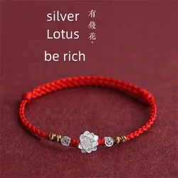 Hand Braided Silver plated Lotus Lucky Red Rope  Bangles Women Men Lovers' Bracelets Anklet  For Gift Size Adjust Drop Shiping