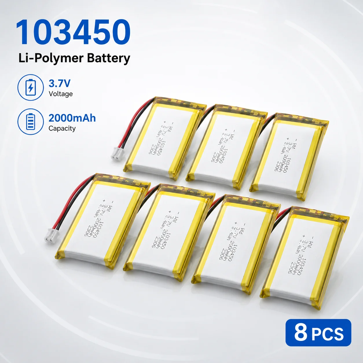 103450 LiPo Battery 3.7V 2000mAh Standard Drain Rechargeable Cell with JST PH2.0 2Pin Plug for Camera GPS Navigator MP5 Headset