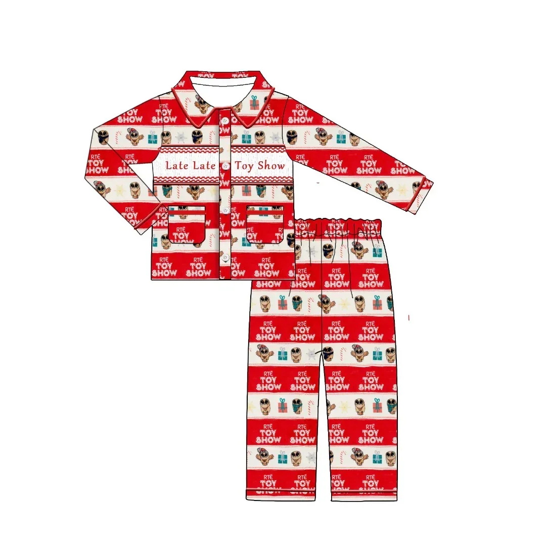 New Boutique Children Set Christmas Lapel Short-Sleeved Elastic Cartoon Letter Print Trouser Girl Boy Long Pajamas Set Baby Robe