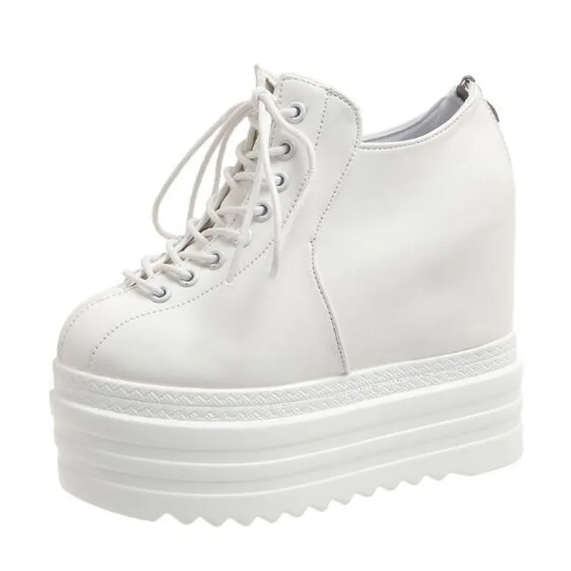Punk Style Wedges Ankle Boot Black Rubber Sole Shoes Women Lacing Autumn Sexy Lady Height Increasing 12cm Platform Heels Sneaker