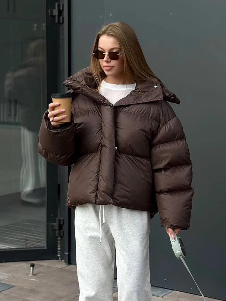 Brown Hooded Short Cotton Coat Women Casual Stand Collar Long Sleeve Zipper Single Breasted Loose Coats Lady Winter Street Wear