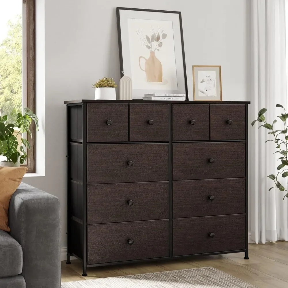 Dresser for Bedroom with 10 Drawers, Dresser with Wood Top, Fabric Storage Tower, Sturdy Steel Frame Storage Organizer