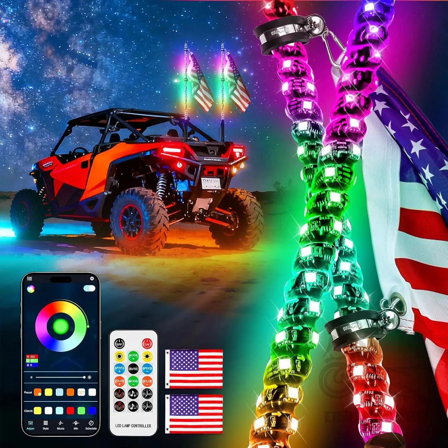 2PCS 2FT Light Whips With USA Flags For Side By Side For RZR Can-Am X3 Ranger Wrangler JK For UTV ATV LED Spiral Whip Lights