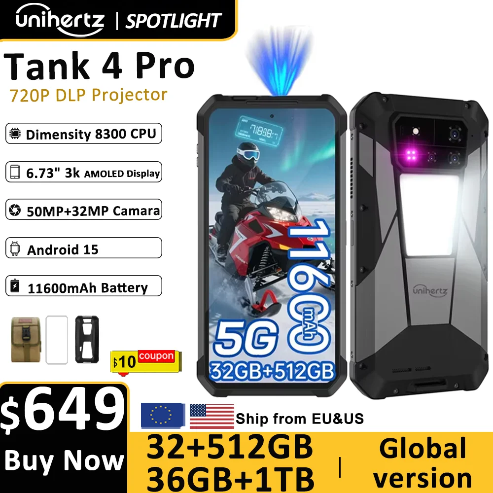 Unihertz Tank 4 pro 8849 Smartphone Android 14 with 720P Projector 5G AI Dimensity 8300 1TB ROM 3K AMOLED 11600mAh 120W Charger