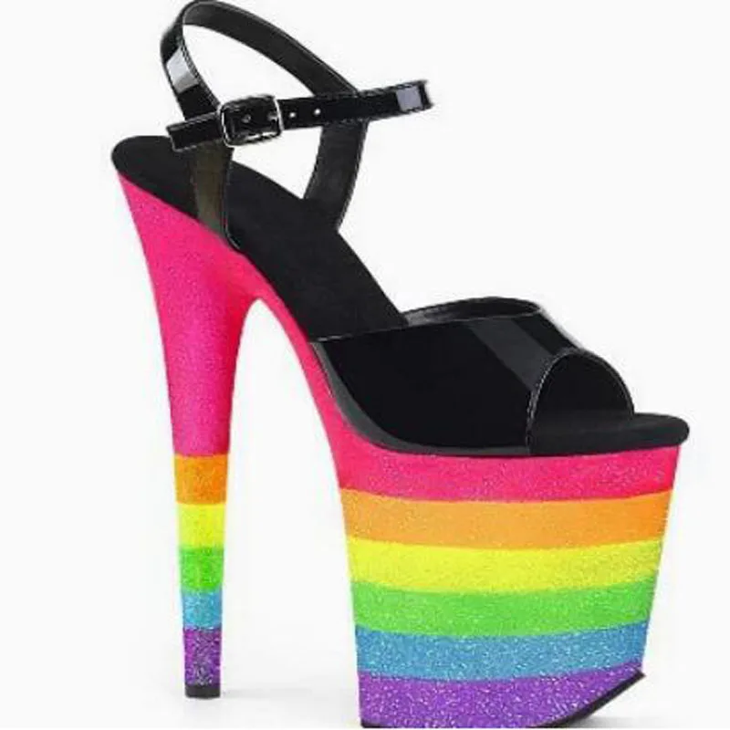 20 CM Rainbow Glitter Platform High Heel Sandals Black Patent Leather Peep Toe Ankle Strap Buckle Stiletto Heel Pole Dance Shoes