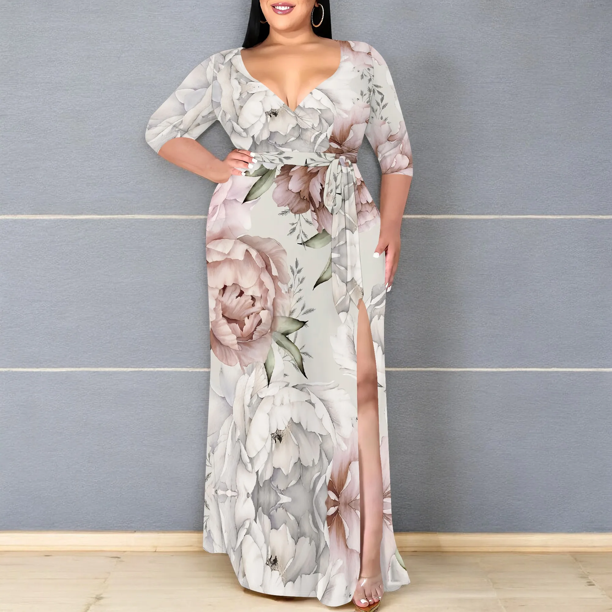 

Plus Size Floral Maxi Dress XL-6XL V-Neck Wrap Style, 3/4 Sleeve, Side Slit for Wedding, Evening Party, Special Occasion 2025