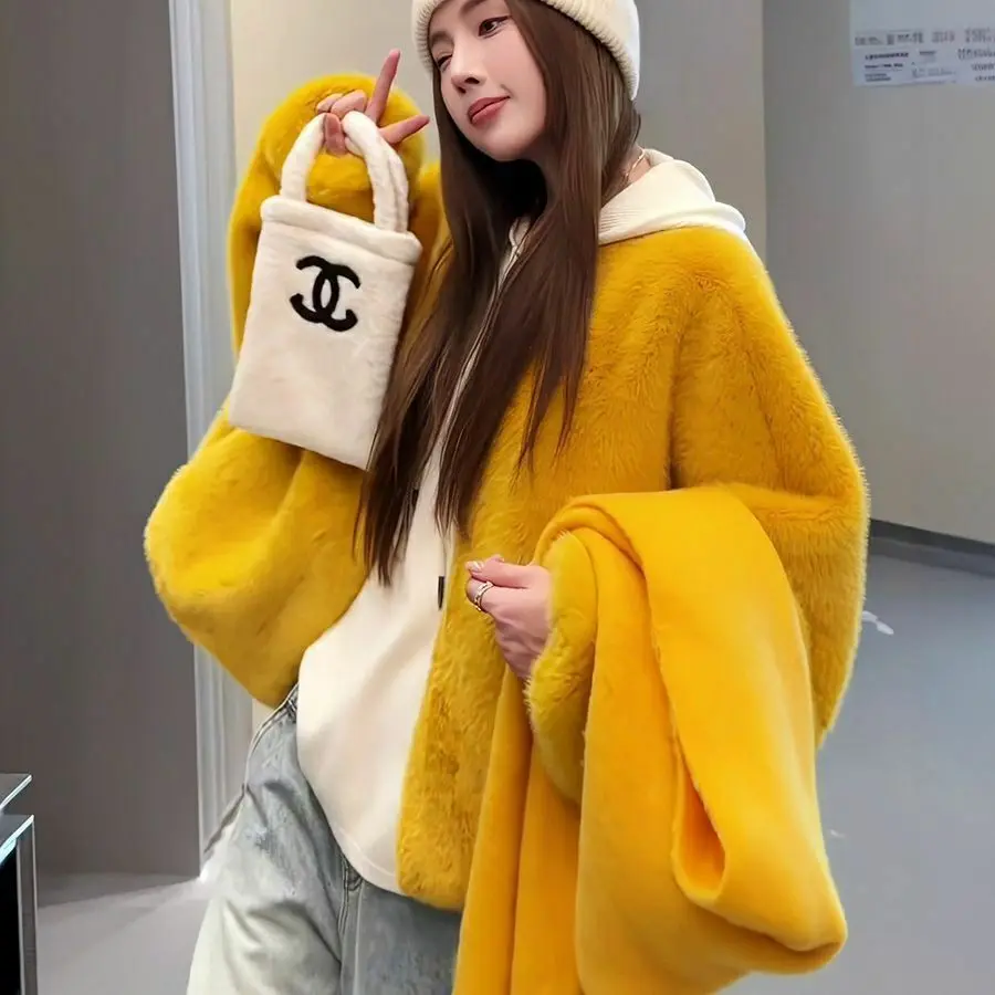 시크 스트리트 퍼리 칼라 인조 모피 코트 여성 2024 겨울 핫 걸스 스노우 화이트 마운틴 패션 플러피 폭스 퍼 재킷